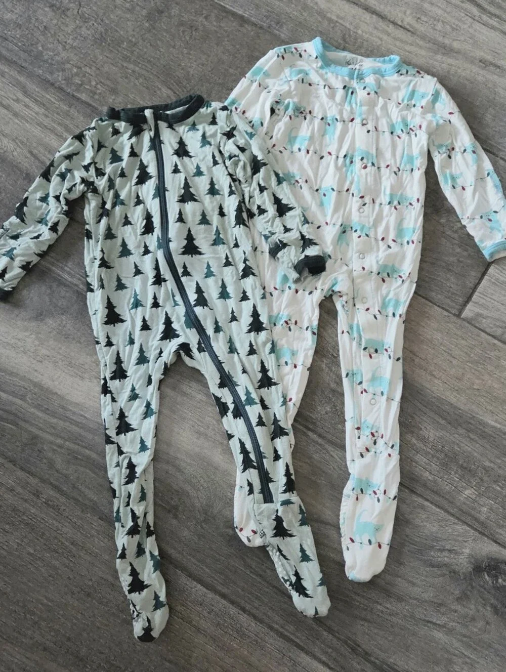 Kickee Pants EUC 6-9 Months Evergreen Tree and Holiday Kitty Footie Rompers